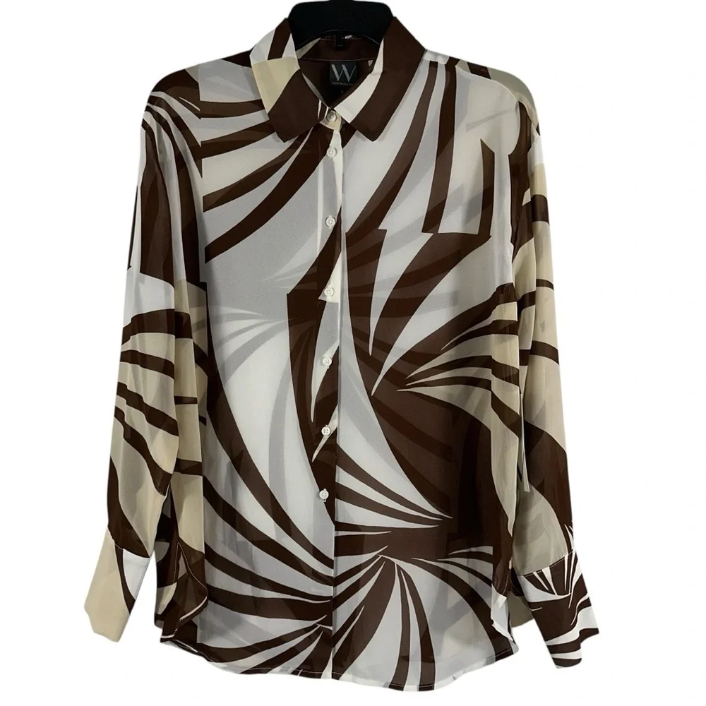 Worthington Top Women's Small Cream and Brown Spin Geo Pieced Blouse NEW